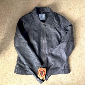 Medium gray vegan leather jacket. Runs small